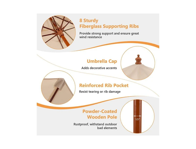 9.5 Feet Pulley Lift Round Patio Umbrella with Fiberglass Ribs