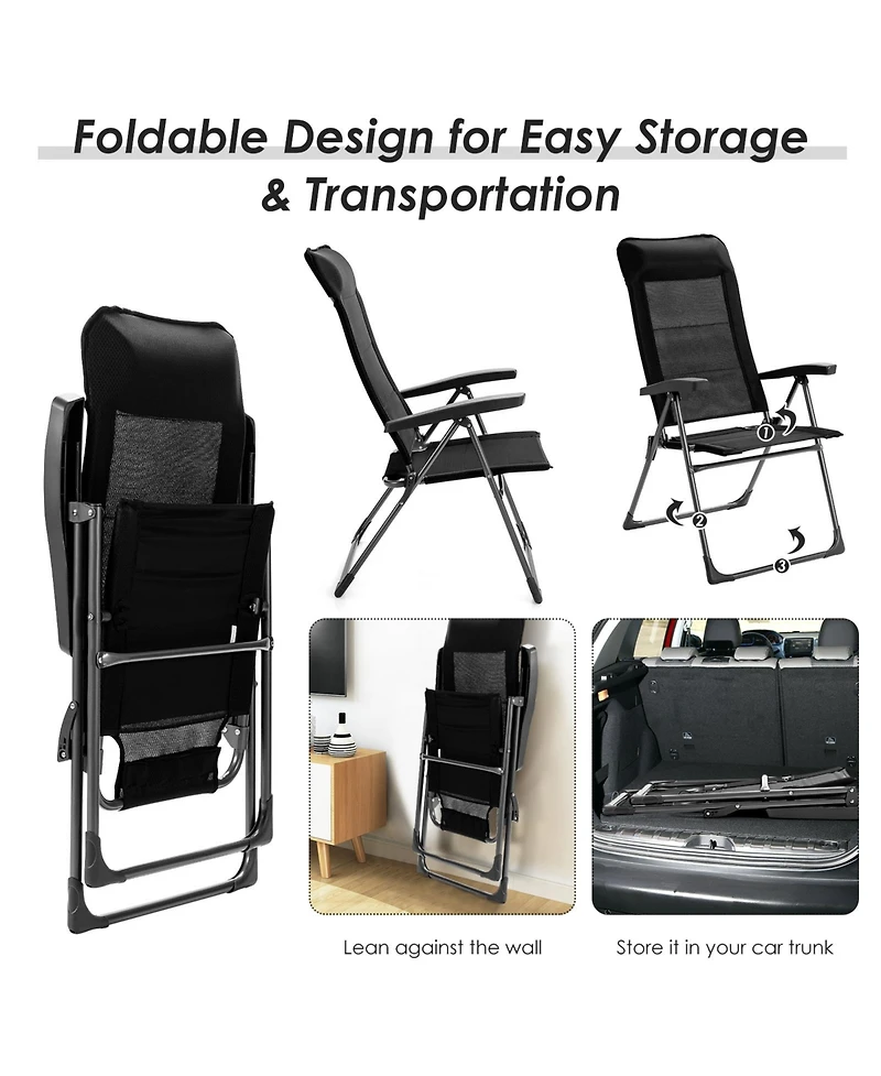 Slickblue 2 Pcs Portable Patio Folding Dining Chairs with Headrest Adjust for Camping -Black