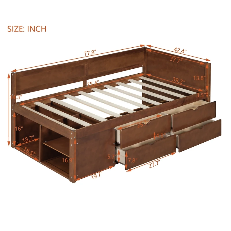 Streamdale Twin Size Daybed With Drawers And Shelves, Gray
