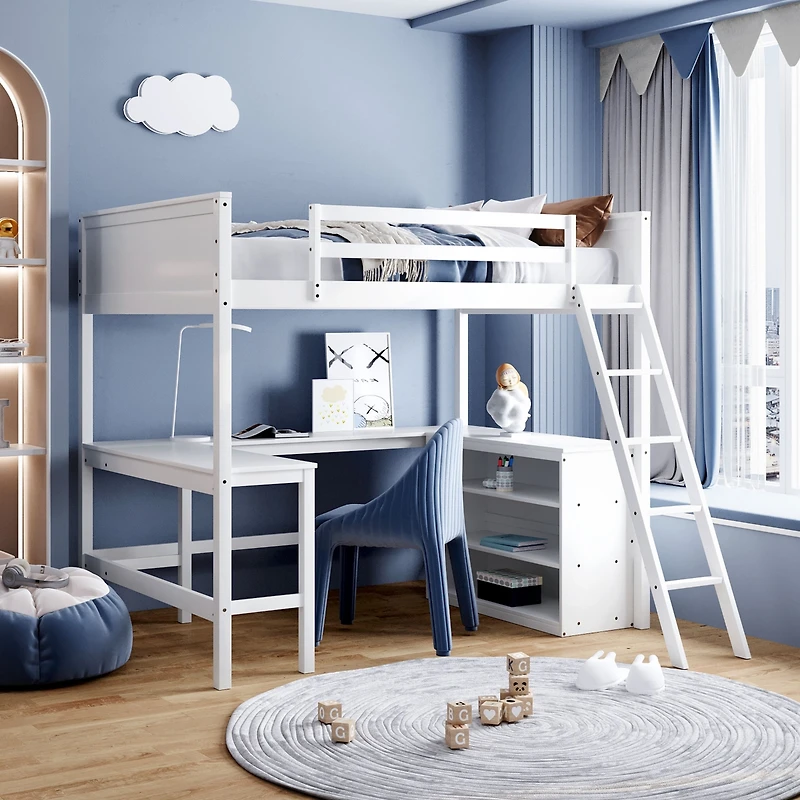 Streamdale Full Loft Bed With Shelves And Desk, Wooden Desk