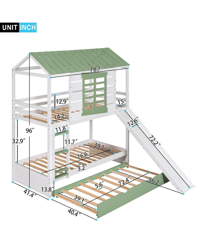 Simplie Fun Twin Over Twin Size House Bunk Bed With Convertible Slide And Trundle