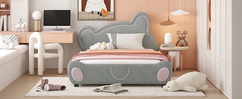 Streamdale Velvet Platform Bed with Bear Headboard and Storage