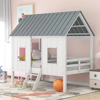 Simplie Fun Twin Size Low Loft House Bed With Roof And Two Front Windows
