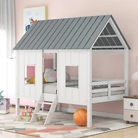 Simplie Fun Twin Size Low Loft House Bed With Roof And Two Front Windows