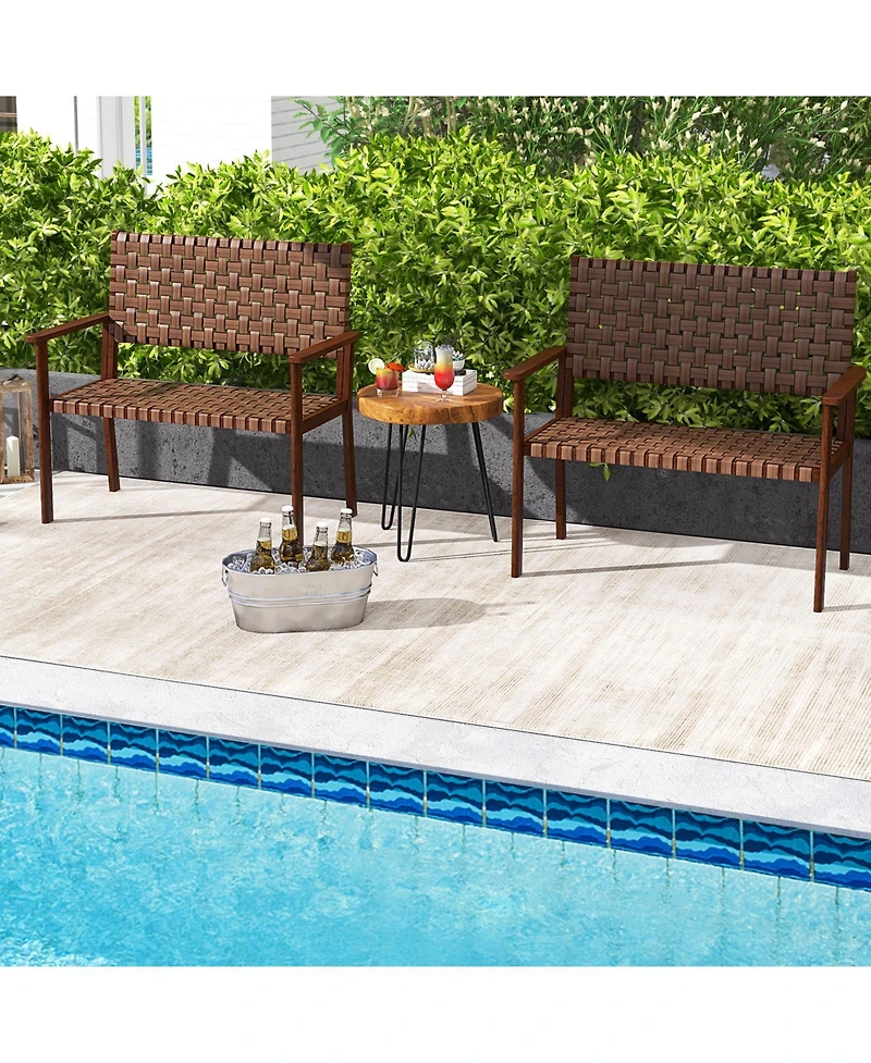 Slickblue Outdoor All Weather Bench with Solid Rubber Wood Frame and Hand Woven Pu Leather