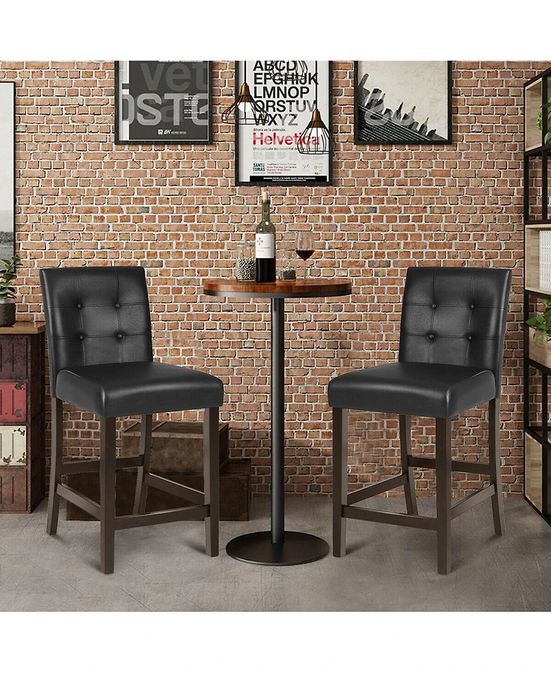 Set of 2 Pvc Leather Bar Stools with Solid Wood Legs