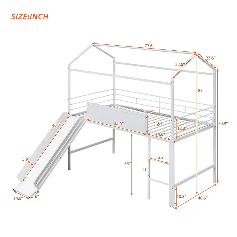 Simplie Fun Metal House Bed With Slide, Twin Loft Two-Sided Writable Wooden Board