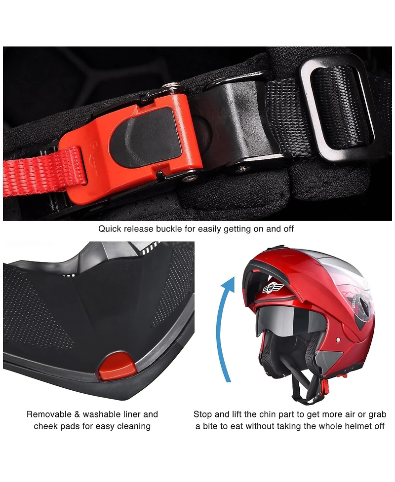 Ahr Run-m Full Face Flip up Modular Motorcycle Helmet Dot Approve Dual Visor Motocross Matt Black Xl