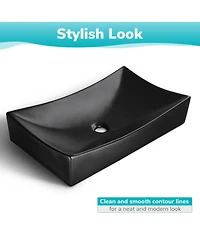 Aquaterior 26" Black Rectangle Bathroom Vessel Sink Countertop Porcelain Vanity Sink Basin w/ Drain