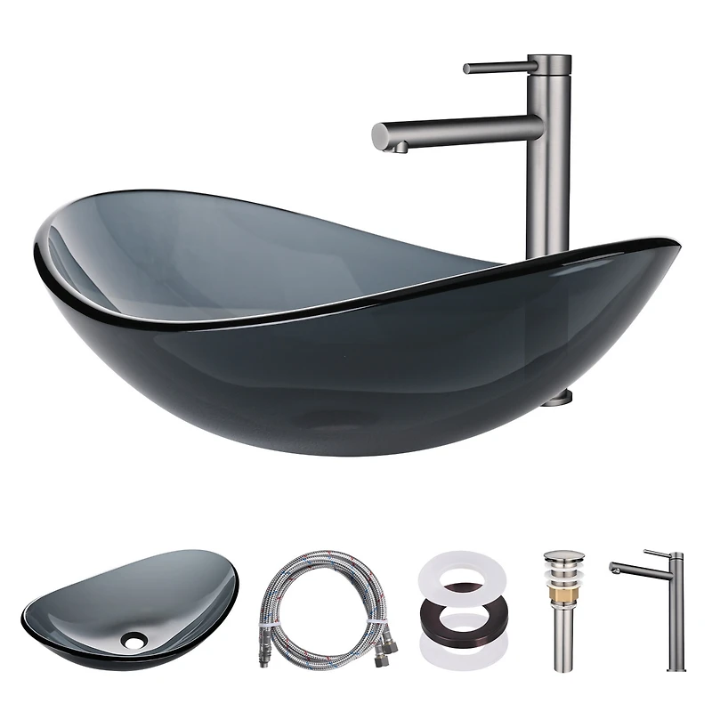 Aquaterior Oval Tempered Glass Vessel Sink w/ Bathroom Single-Hole Faucet Drain