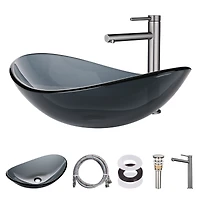 Aquaterior Oval Tempered Glass Vessel Sink w/ Bathroom Single-Hole Faucet Drain