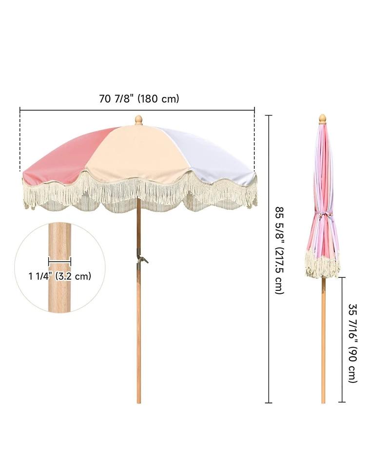 LAGarden 6Ft Fringe Patio Umbrella with Tassels & Carry Bag 50 / 60s Vintage Style Umbrella Wood Pink,Model: PS6-12
