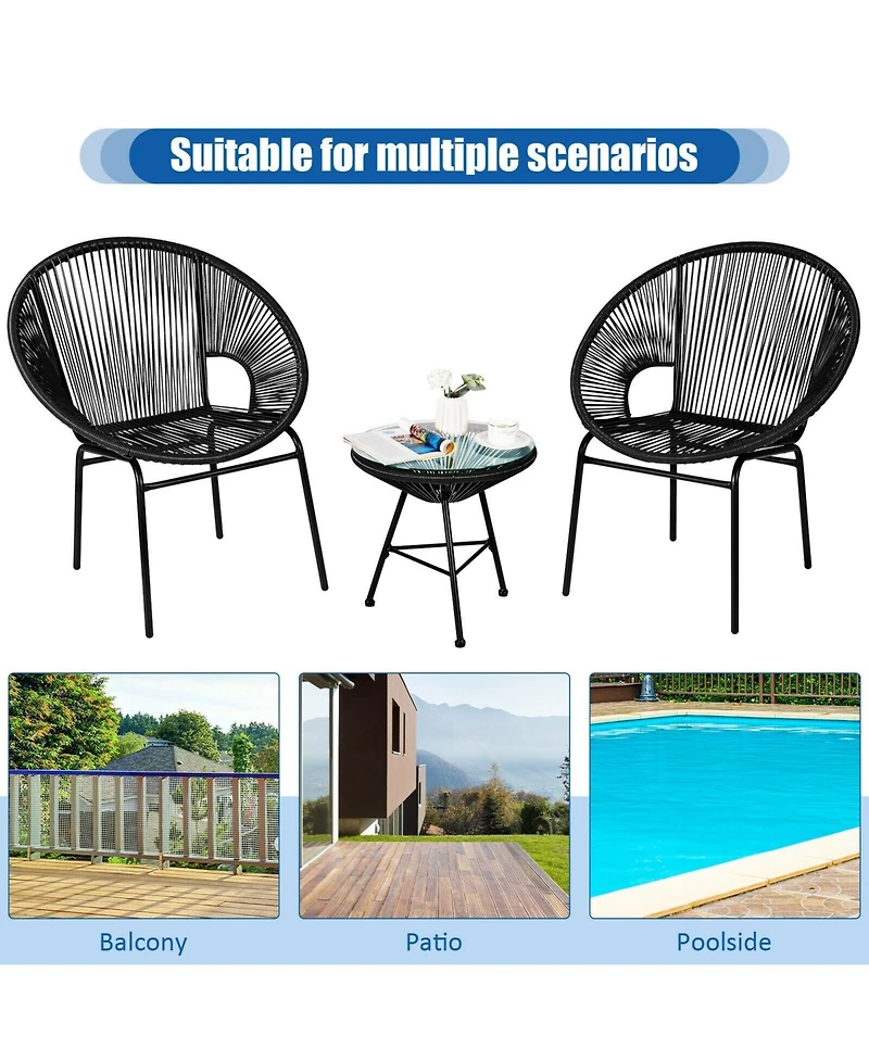 3PCS Patio Acapulco Furniture Bistro Set with Glass Table-Black