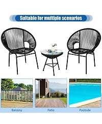 3PCS Patio Acapulco Furniture Bistro Set with Glass Table-Black