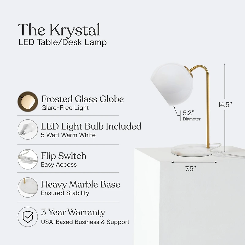 Krystal Modern Led Desk Lamp with Marble Base and Glass Shade (14.5"), Bulb Included