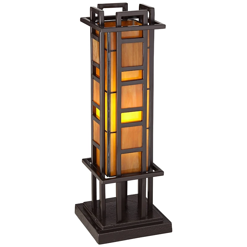Robert Louis Tiffany Prairie Mission Accent Table Lamp 20" High Bronze Geometric Metal Amber Stained Glass for Bedroom Living Room Bedside Nights