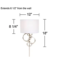 Possini Euro Design Circles Modern Wall Light Sconce Brushed Nickel Plug-in 12" Fixture Off White Cotton Half Shade for Bedroom Reading Living Ro