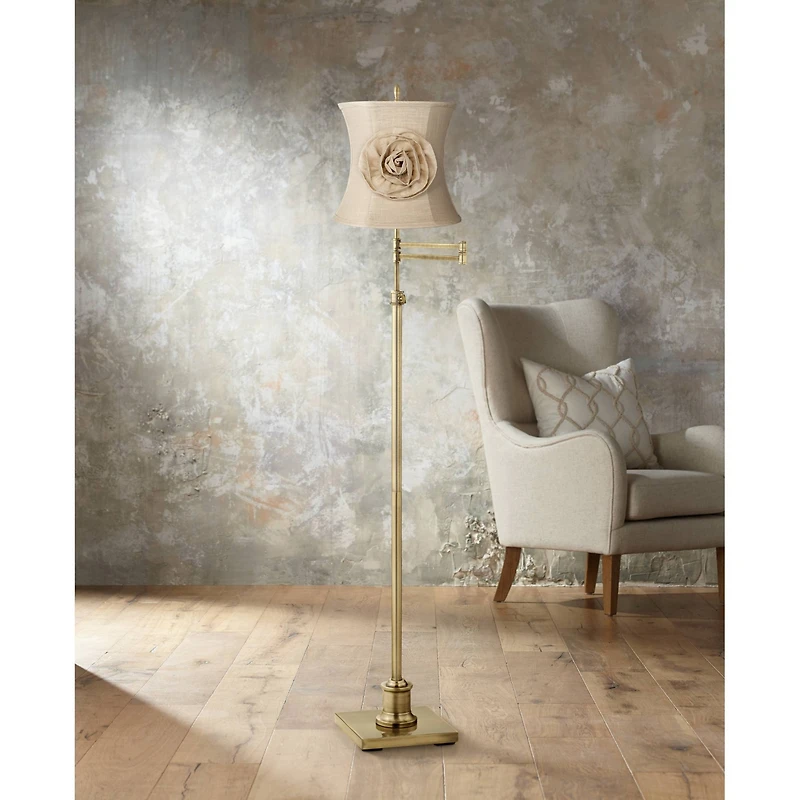 Springcrest Almond Linen with Flower Small Drum Lamp Shade 11" Top x 12" Bottom x 11" High (Spider) Replacement with Harp and Finial