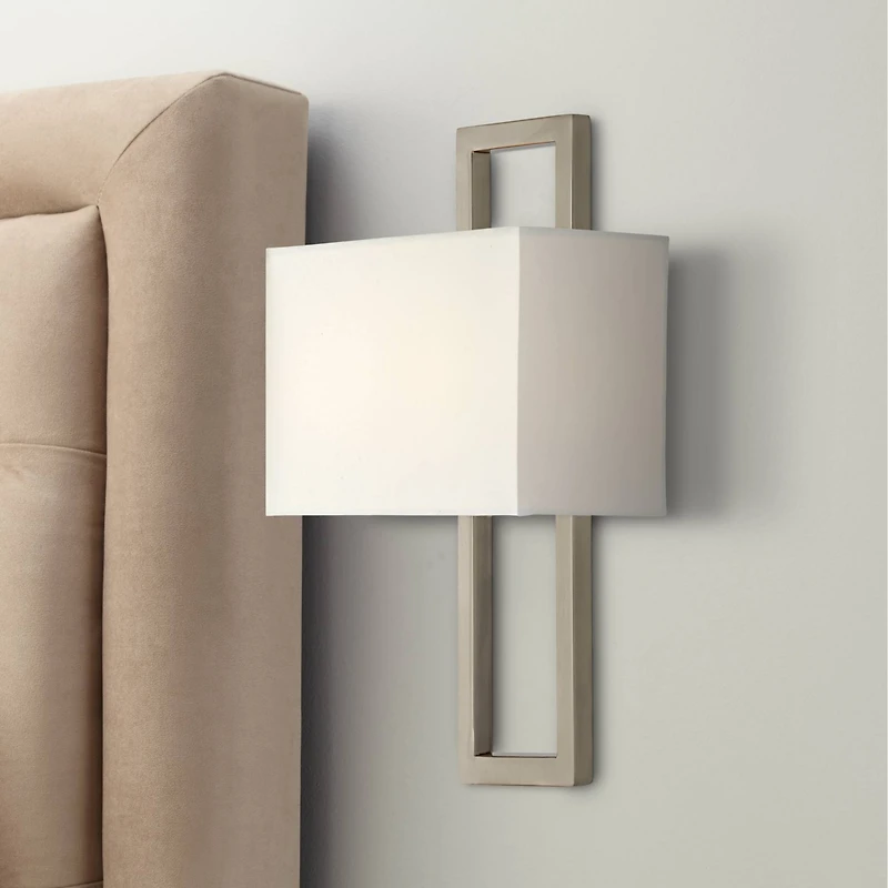 Possini Euro Design Modern Wall Light Sconce Brushed Nickel Hardwired 15 1/2" High Fixture Faux Silk for Bedroom Bathroom Hallway