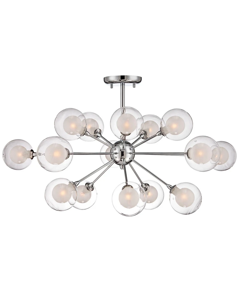 Modern Ceiling Light Semi Flush Mount Fixture Chrome 30.75" Wide 15-Light Sputnik Style Double Clear Frosted Glass for Bedroom Kitchen Living Roo