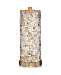 Margaret Coastal Accent Table Lamp 23" High Mother of Pearl Tile Cylinder Glass Cream Linen Fabric Drum Shade for Living Room Bedroom Beach House