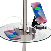 360 Lighting Caper Modern Floor Lamp with Tray Table 60 1/2" Tall Brushed Nickel Usb and Ac Power Outlet Off White Fabric Drum Shade for Living R