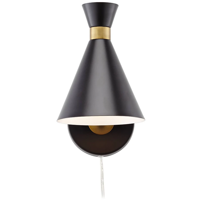 360 Lighting Venice Mid Century Modern Wall Lamp Matte Black Brass Plug-in 6 1/4" Light Fixture Adjustable Metal Cone Shade for Bedroom Living Ro