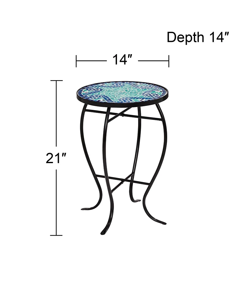 Teal Island Designs Black Round Outdoor Accent Side Tables 14" Wide Set of 2 Blue Wave Mosaic Tabletop Front Porch Patio Home House