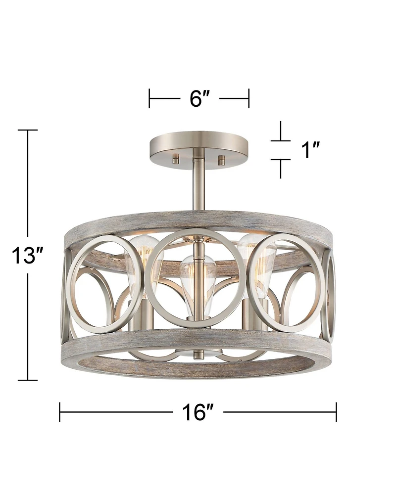 Franklin Iron Works Salima Rustic Farmhouse Ceiling Light Semi Flush Mount 16" Wide Brushed Nickel Gray Wood 3-Light Led for Bedroom Living Room