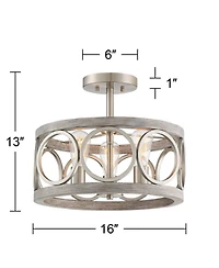 Franklin Iron Works Salima Rustic Farmhouse Ceiling Light Semi Flush Mount 16" Wide Brushed Nickel Gray Wood 3-Light Led for Bedroom Living Room