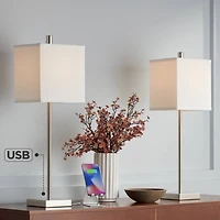 360 Lighting Franco Modern Table Lamps 26 1/2" High Set of 2 Brushed Nickel with Usb Charging Ports White Square Shade for Bedroom Living Room De