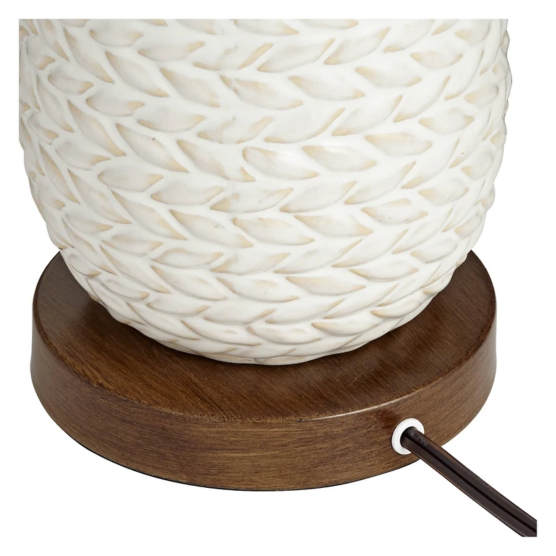 Possini Euro Design Kingston Modern Mid Century Table Lamp 32 3/4" Tall White Grooved Patterned Ceramic Taupe Drum Shade for Bedroom Living Room