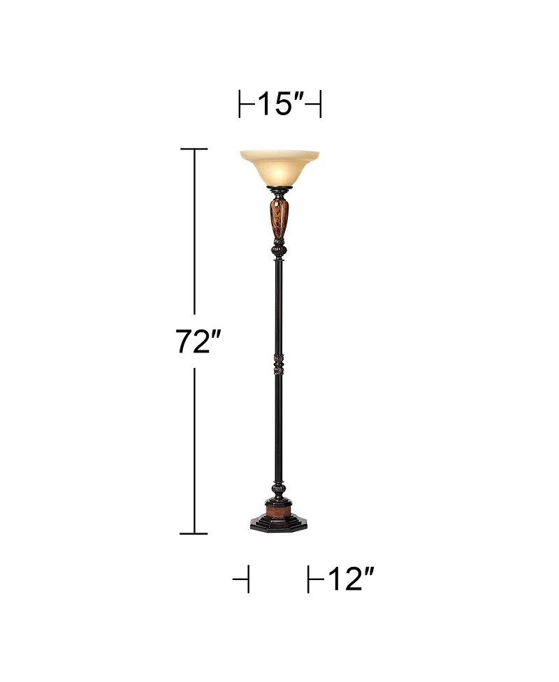 Sonnett Industrial Vintage like Torchiere Floor Lamp Standing 72" Tall Bronze Brown Faux Marble Alabaster Glass Shade Decor for Living Room Readi