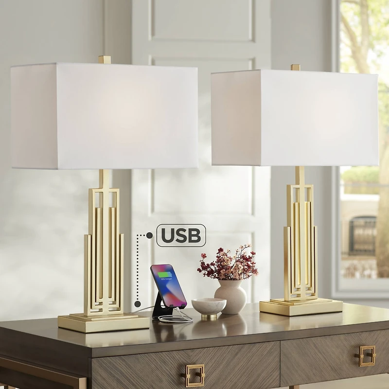 360 Lighting Sonia Modern Table Lamps 29 1/2" Tall Set of 2 Gold Metal with Dual Usb Charging Ports White Rectangular Shade for Bedroom Living Ro