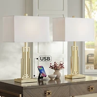 360 Lighting Sonia Modern Table Lamps 29 1/2" Tall Set of 2 Gold Metal with Dual Usb Charging Ports White Rectangular Shade for Bedroom Living Ro