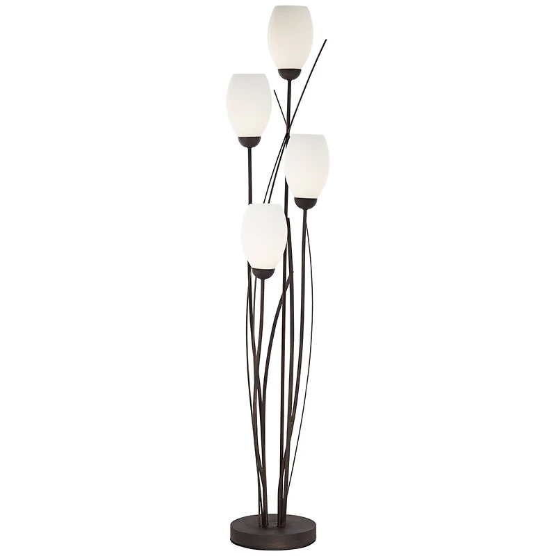 Franklin Iron Works Modern Floor Lamp 4-Light Tree 73" Tall Ginger Black Tulip White Cased Glass Shades for Living Room Bedroom Uplight