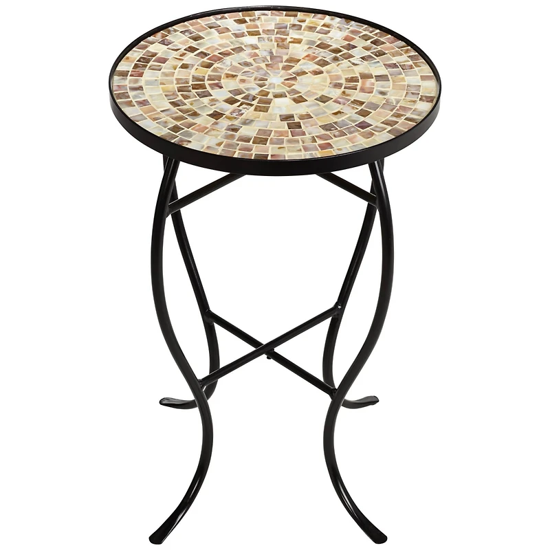 Teal Island Designs Modern Black Round Outdoor Accent Side Table 14" Wide Natural Mosaic Tabletop for Front Porch Patio Home House
