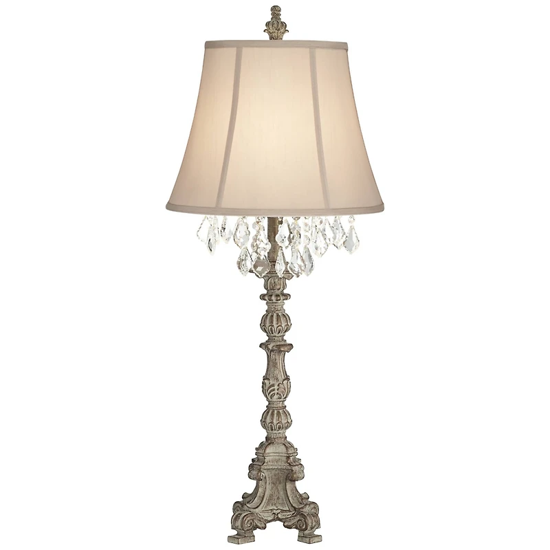Barnes and Ivy Duval Traditional Table Lamp 34" Tall Distressed Antique White Candlestick Crystal Beige Fabric Bell Shade for Bedroom Living Room