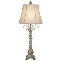 Barnes and Ivy Duval Traditional Table Lamp 34" Tall Distressed Antique White Candlestick Crystal Beige Fabric Bell Shade for Bedroom Living Room