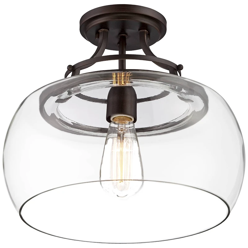 Franklin Iron Works Charleston Industrial Rustic Farmhouse Ceiling Light Semi Flush-Mount Fixture 13.5" Wide Bronze Led Clear Glass Shade for Bedroom