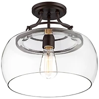 Franklin Iron Works Charleston Industrial Rustic Farmhouse Ceiling Light Semi Flush-Mount Fixture 13.5" Wide Bronze Led Clear Glass Shade for Bedroom
