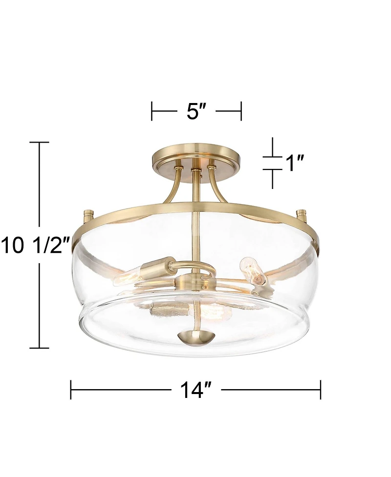 Possini Euro Design Alia Modern Industrial Ceiling Light Semi Flush Mount Fixture 14" Wide 3-Light Warm Brass Gold Clear Glass Shade for Bedroom Hallw