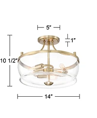 Possini Euro Design Alia Modern Industrial Ceiling Light Semi Flush Mount Fixture 14" Wide 3-Light Warm Brass Gold Clear Glass Shade for Bedroom Hallw
