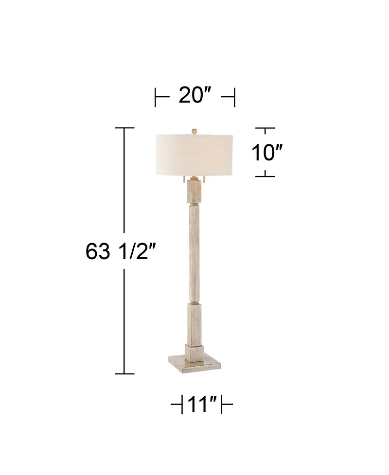 Baluster Traditional Country Cottage Natural Standing Floor Lamp 63.5" Tall Rustic Whitewashed Pickled Wood Oatmeal Linen Fabric Drum Shade Decor