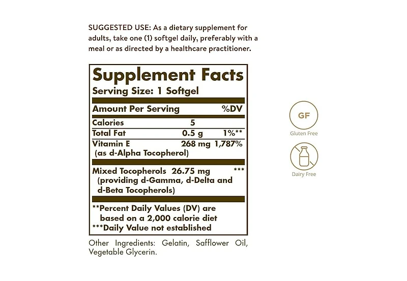 Solgar Vitamin E Mixed (d-Alpha Tocopherol and Mixed Tocopherols), 400 Iu
