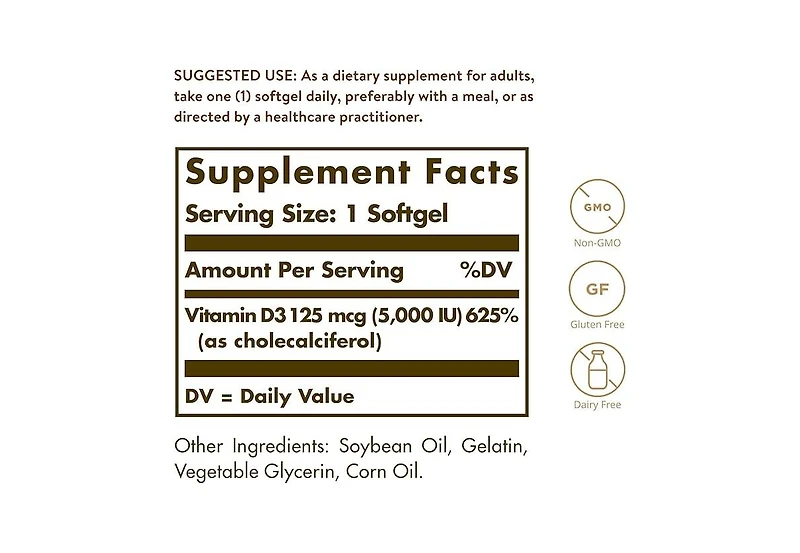 Solgar Vitamin D3 (Cholecalciferol), 5000 Iu, 100 S Gels