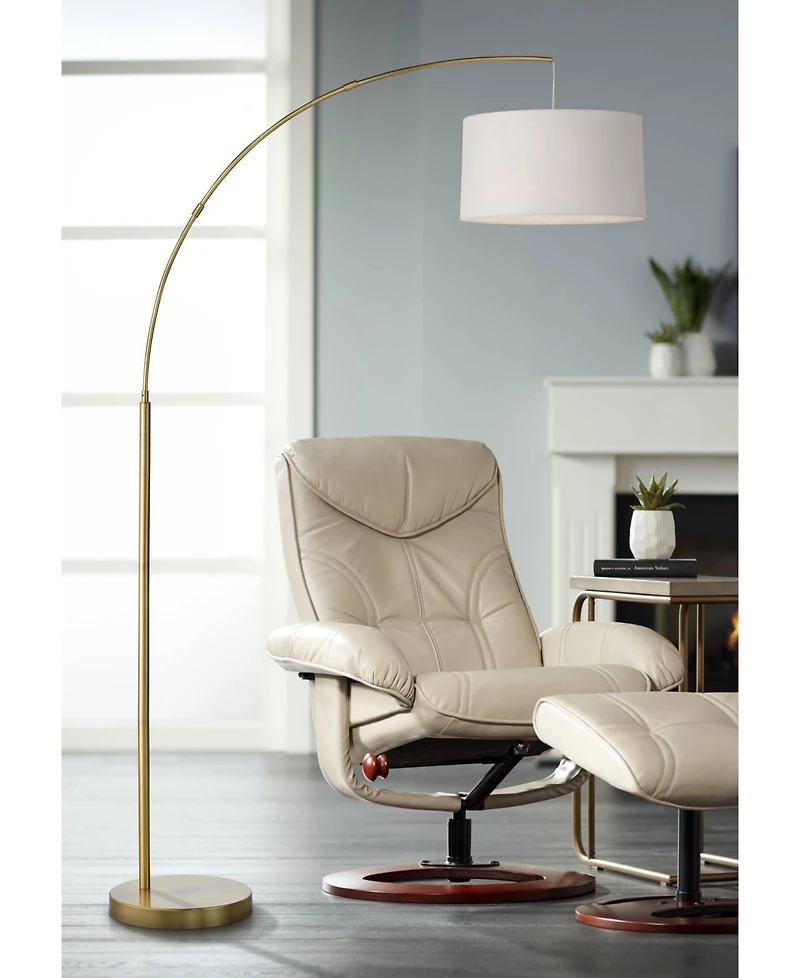 360 Lighting Cora Modern Arc Floor Lamp Standing 72" Tall Brass Metal White Linen Drum Shade Decor for Living Room Reading Bedroom Office House H