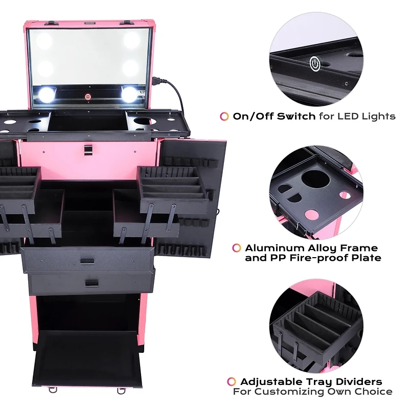 Byootique Rolling Makeup Case w/ Lights Mirror Cosmetic Aritist Studio Multi-function Pink