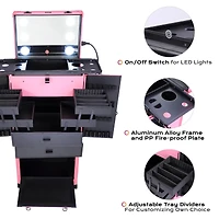 Byootique Rolling Makeup Case w/ Lights Mirror Cosmetic Aritist Studio Multi-function Pink