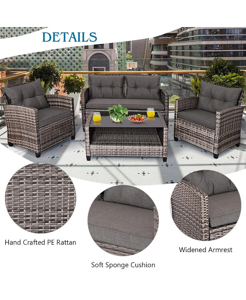 8PCS Patio Rattan Furniture Set Coffee Table Cushioned Sofa Garden Lawn Gray